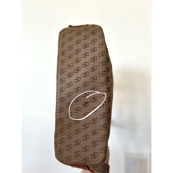 Vintage Dooney & Bourke Signature Monogram Fabric & Tan Leather Shoulder Bag - Picture 2 of 7